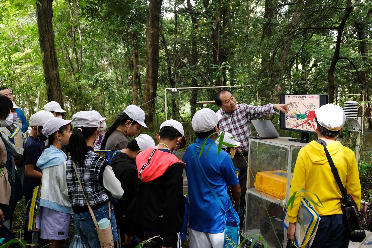 森林内に設置されたチャンバーの前でクイズを交えて説明する梁乃申シニア研究員。
